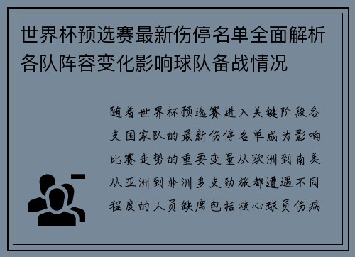 世界杯预选赛最新伤停名单全面解析各队阵容变化影响球队备战情况